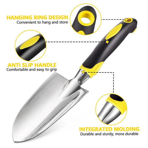 Stainless Steel Heavy Duty Garden Trowel Shovel With Soft Rubberized Non Slip Ergonomic Handle, features highlighted