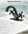 Matte Black Single Hole Bathroom Faucet With Cross Handles Lavatory Vessel Sink Mixer Tap No Fuss Install Pop Up Drain Deck Plate Solid Brass Build Anti Rust Finish Low Flow 1.19 GPM installed on a sink