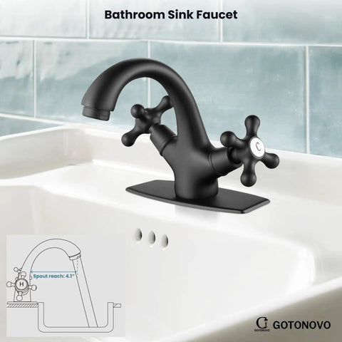 Matte Black Single Hole Bathroom Faucet With Cross Handles Lavatory Vessel Sink Mixer Tap No Fuss Install Pop Up Drain Deck Plate Solid Brass Build Anti Rust Finish Low Flow 1.19 GPM installed on a sink