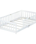Twin Size Floor Bed With Heavy Duty Plywood Slats And Safe Guardrails Zero Box Spring Hassle Game Changer Sleep Setup Easy Assembly durable white frame with secure rails.