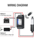 Wiring diagram for Compact 24V Micro Linear Actuator with 150N thrust, 10mm stroke, showing two power methods.