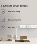 Six Outlet Surge Protector Power Strip With Flat Rotating Plug And Six Foot Cord For Your Home Office Setup, 1080 Joules, White