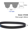 HTD 5M Rubber Timing Belt With 118 Teeth, 590mm Pitch, 20mm Wide, And 3.6mm Thick, Closed Loop Pulley Belt For High Torque Power Transmission, Beefy Neoprene With Reinforced Nylon Cords For Heavy Duty Use. Diagram and belt shown.