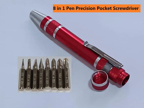 8 in 1 precision red pocket screwdriver with interchangeable bits.