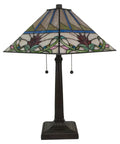 Front view of Mission Style Stained Glass Table Lamp With Floral Shade, 22 Inch Tall, Tan Green Blue Red Glass Panels, vintage decor.