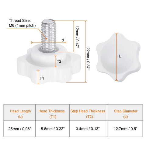 Diagram showing measurements of 10pcs Star Knobs M6 X 12mm Threaded Studs For 25mm White Plastic 6 Point Heads Zinc Plated Steel