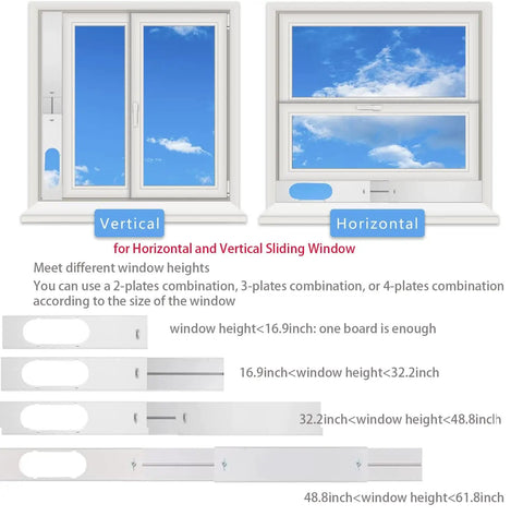 Portable Window Kit For Air Conditioners With 5.9 Inch Exhaust Hose Adjustable Universal Window Seal shown in vertical and horizontal sliding window installation.