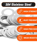 Gearhead Shim Washer Set 304 Stainless Steel, 448 Pcs, Flat Spacers shown with features: high strength, rust prevention, precision, wear resistance