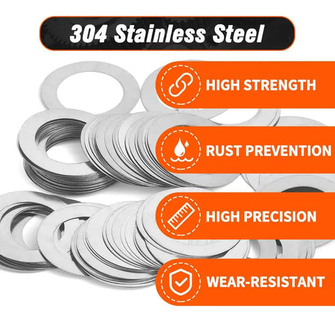 Gearhead Shim Washer Set 304 Stainless Steel, 448 Pcs, Flat Spacers shown with features: high strength, rust prevention, precision, wear resistance