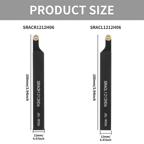 Two black metal lathe turning tool holders with round carbide inserts, 100mm long and 12mm wide