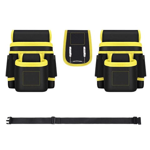 Heavy Duty Oxford Nylon Utility Belt Bag With Water Resistant Coating And Reinforced Stitching Built Tough For Electricians Handymen And Real World Job Sites, featuring black and yellow design, multiple pockets.