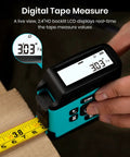 Do It All Laser Distance Meter And Digital Tape Measure With 130 Ft Range showing LCD display and measuring tape on wood