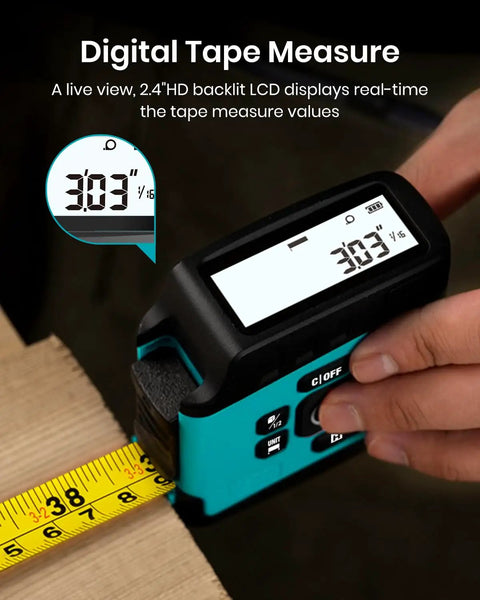 Do It All Laser Distance Meter And Digital Tape Measure With 130 Ft Range showing LCD display and measuring tape on wood