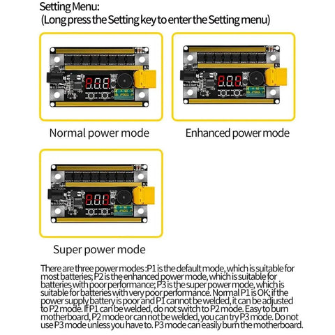 Spot Welder Board With Digital Display 99 Gear Adjustable Power Levels 8V To 24V DIY Friendly 12V Spot Welding Pen Machine Circuit Board Type B USEUBU08991X showing three power modes: normal, enhanced, and super.