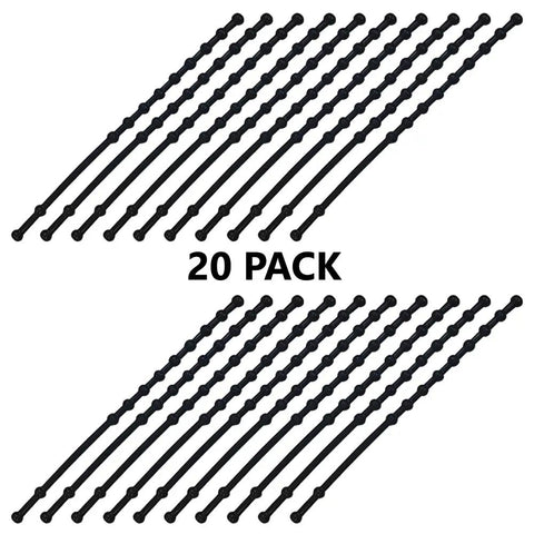 Twenty Pack Heavy Duty Fire Extinguisher Strap Replacement Mounts For Work Trucks RVs And Vans Keep Your Emergency Gear Locked Up Tight Rugged Trucker Approved Compatible 860 862 Bungee Clips black rubber straps laid out.