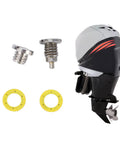 Upgrade Your Ride With This 2 Pack Metal Gear Case Drain Plug Kit That Slides Right Into Mariner Outboards For Tight Oil Changes And No Leaks During Service Time. metal drain plugs, yellow seals, outboard motor