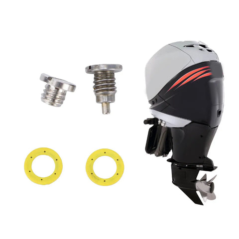 Upgrade Your Ride With This 2 Pack Metal Gear Case Drain Plug Kit That Slides Right Into Mariner Outboards For Tight Oil Changes And No Leaks During Service Time. metal drain plugs, yellow seals, outboard motor