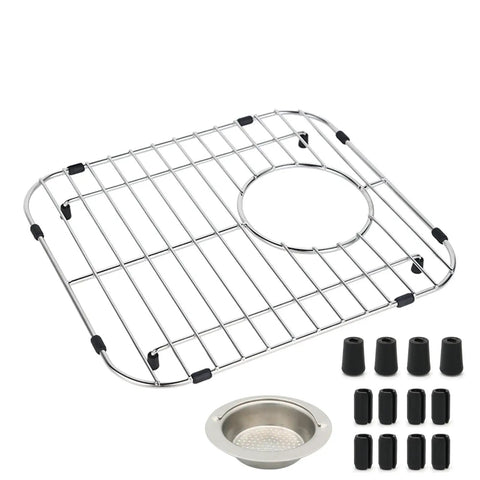 Stainless Steel Sink Grid Protector For Kitchen Sink 11 3/4 By 13 7/8 Inches Center Drain 304 Food Grade Stainless Heavy Duty And Sturdy With Rubber Feet And Bumpers For Scratch Free Dishwashing with rubber feet and drain basket visible.