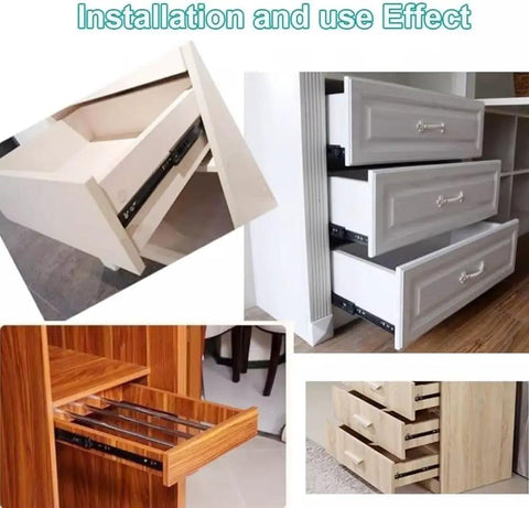 Full Extension Drawer Slides Rails Track Glides 12 Inch 30 Cm Pair in various installations and open drawer views