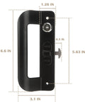 Front view of Full Replacement Sliding Door Handle Set For Five And Five Eighths Inch Hole Spacing With Mortise Lock And Key Front And Back Side Black Finish Durable Zinc Alloy Cylinder And Aluminum Handle Easy Installation