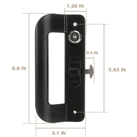 Front view of Full Replacement Sliding Door Handle Set For Five And Five Eighths Inch Hole Spacing With Mortise Lock And Key Front And Back Side Black Finish Durable Zinc Alloy Cylinder And Aluminum Handle Easy Installation