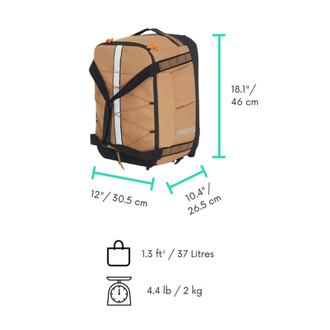 Road Ready Three In One Rear Rack Bag dimensions 18.1x12x10.4 inches 37L capacity, tan color