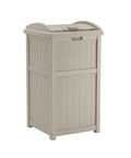 Hideaway Outdoor Trash Can With Lid 30 Gallon Weather Resistant Resin Bin With A Wicker Style Look For Patio And Yard Keeps Pests And Odors Out Fits 30 To 33 Gallon Bags Made In USA displayed on white background