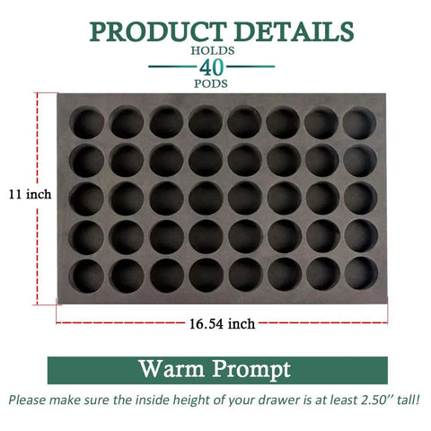 Neat 40 Pod Coffee Pod Organizer Drawer Tray for K Cup Keurig Pods with 40 slots, dimensions 11x16.54 inches.