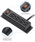 Under Desk Wall Mount Power Strip With 4 Outlets And Switch, 3 Ft Flat Plug Cord, black, detailed view of outlet and switch.