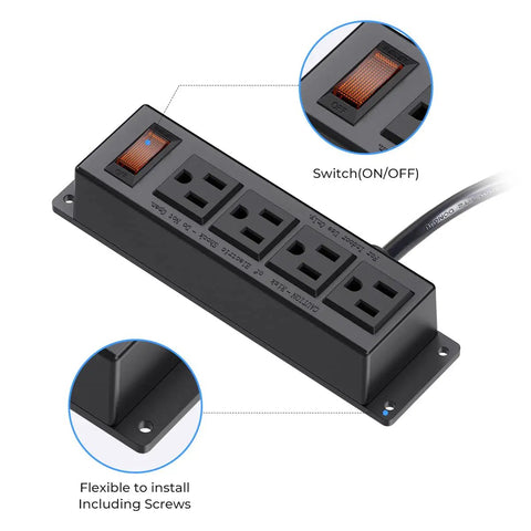 Under Desk Wall Mount Power Strip With 4 Outlets And Switch, 3 Ft Flat Plug Cord, black, detailed view of outlet and switch.