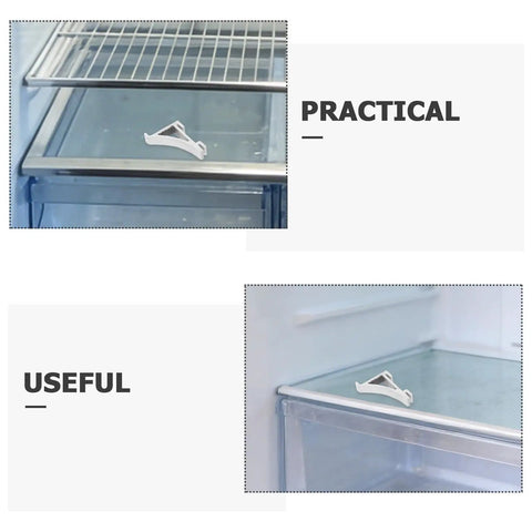 8 Pack Aluminum Shelf Clips for Fridge and Freezer shown on glass shelf surface