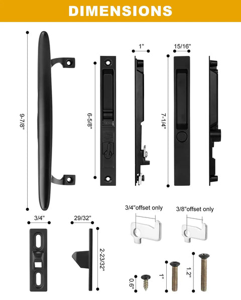 Heavy Duty Black Diecast Sliding Door Handle Set With Secure Non Keyed Lock dimensions, includes detailed measurements and components.
