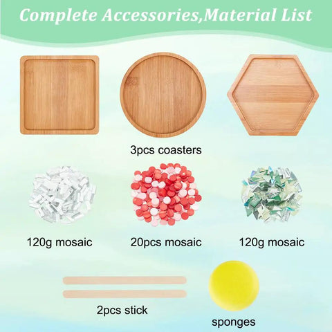 Three Styles DIY Mosaic Coaster Kit No Glue Needed for Adults and Beginners With Bamboo Round Square Hex Bases and Tiles
