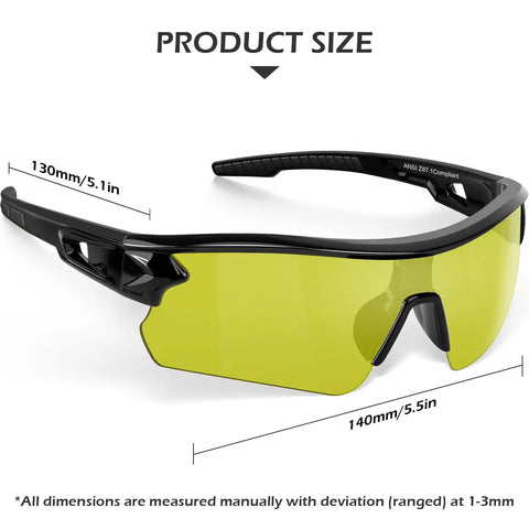 Hella Durable 12 Pack Safety Glasses For Men And Women Featuring Tinted Lenses With Top Tier Impact Resistance And Ansi Z87 Certification Perfect For Construction Sites And Diy Work showing size dimensions.