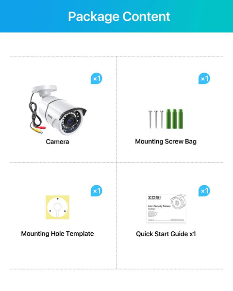 Package contents of 2MP 1080p Outdoor And Indoor Security Camera With Hybrid 4-In-1 CVI TVI AHD And Analog CVBS, Night Vision