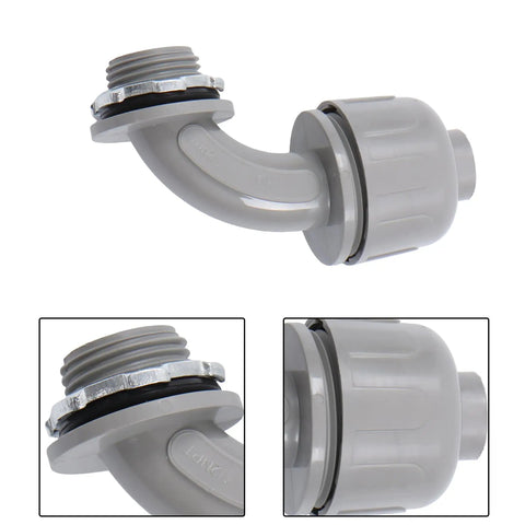 Hella Tough 1/2 Inch NPT 90 Degree RMC Conduit Connectors Bulk 60 Pack Steel Insert shown with gray plastic shell.