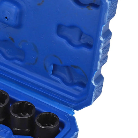 Open blue storage box of 14Pcs Nut Remover Extractor Kit For Damaged Bolts And Rusty Nuts 3/8in Hex Socket Set showing extractors.