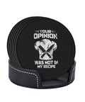 Leather Coaster Set With Holder 6-Piece Absorbent PU Leather Drink Coasters with holder and novelty text design.