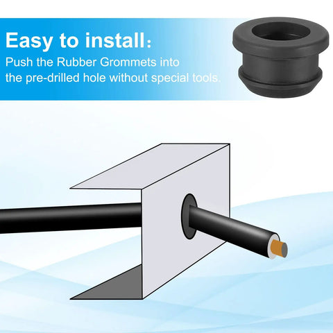 Illustration of Go To Pro Grade 19mm Drill Hole Rubber Grommets showing wire through grommet in panel.