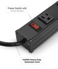 Beefy Heavy Duty Metal Power Strip With Big Outlet Spacing For Garage And Workshop 16 Outlet Industrial Power Strip Extension Cord 15A 125V 1875W Six Foot Black showing power switch and circuit breaker