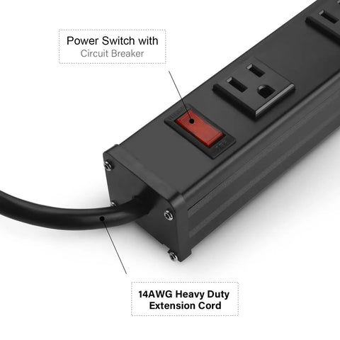 Beefy Heavy Duty Metal Power Strip With Big Outlet Spacing For Garage And Workshop 16 Outlet Industrial Power Strip Extension Cord 15A 125V 1875W Six Foot Black showing power switch and circuit breaker
