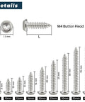 100 Pack M4 X 12mm Button Head Torx Self Tapping Screws for Wood and Sheet Metal in Premium 304 Stainless Steel with T20 Driver Bit.