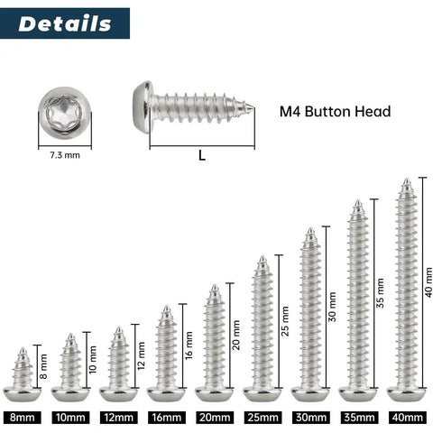 100 Pack M4 X 12mm Button Head Torx Self Tapping Screws for Wood and Sheet Metal in Premium 304 Stainless Steel with T20 Driver Bit.