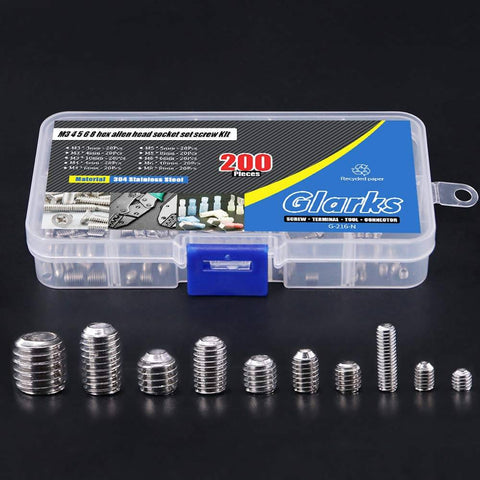 200 Piece M3 M4 M5 M6 M8 Hex Allen Head Socket Set Screw Assortment Kit made of 304 stainless steel with plastic box