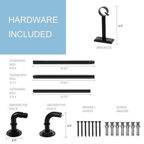 Hardware included for Heavy Duty Adjustable Blackout Curtain Rod Set From 16 To 144 Inches Wrap Around 1 Inch Diameter Metal Rod Kit