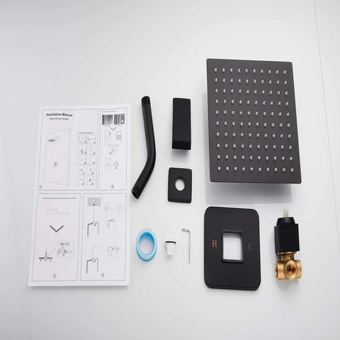 Complete set of Black Shower Faucet Kit With Rough In Valve And 8 Inch Square Stainless Steel Rainfall Shower Head For A Simple Upgrade