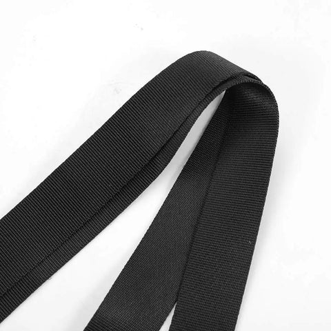 Close-up of a black nylon strap for All In One Kayak Anchor Rope And Buoy Kit With Stainless Steel Carabiners 70 Inch Tow Rope.
