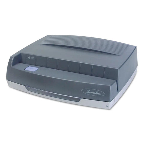 Electric Three Hole Punch, 50 Sheet Capacity, Jam Free Reverse Switch, Push Button Control, in sleek smart gray.