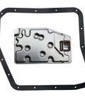Automatic Transmission Filter Kit With O Rings And Pan Gasket For OE Form Fit And Function Includes Required Seals Easy Install And Premium Rubber Pan Gasket Part 0440280 And Recommended ATF For Your Transmission shown with assembled metal filter and rubber gasket.