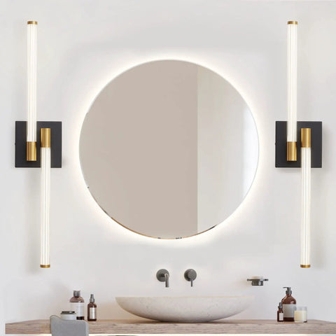 Black And Gold Slick Vanity Lights For Bathroom 30 Inch LED Vanity Lighting Fixtures with acrylic striped shade over sink